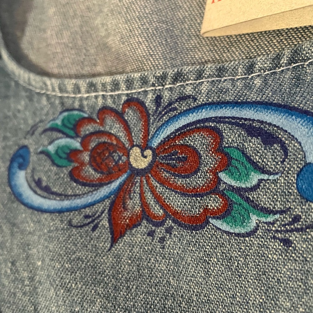 NWT VINTAGE Ethnic Norwegian Hand Painted Medium Cotton Denim Dress Vest M USA - Picture 6 of 9